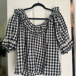 Doen Black and White Ruffled Puff Sleeve Blouse